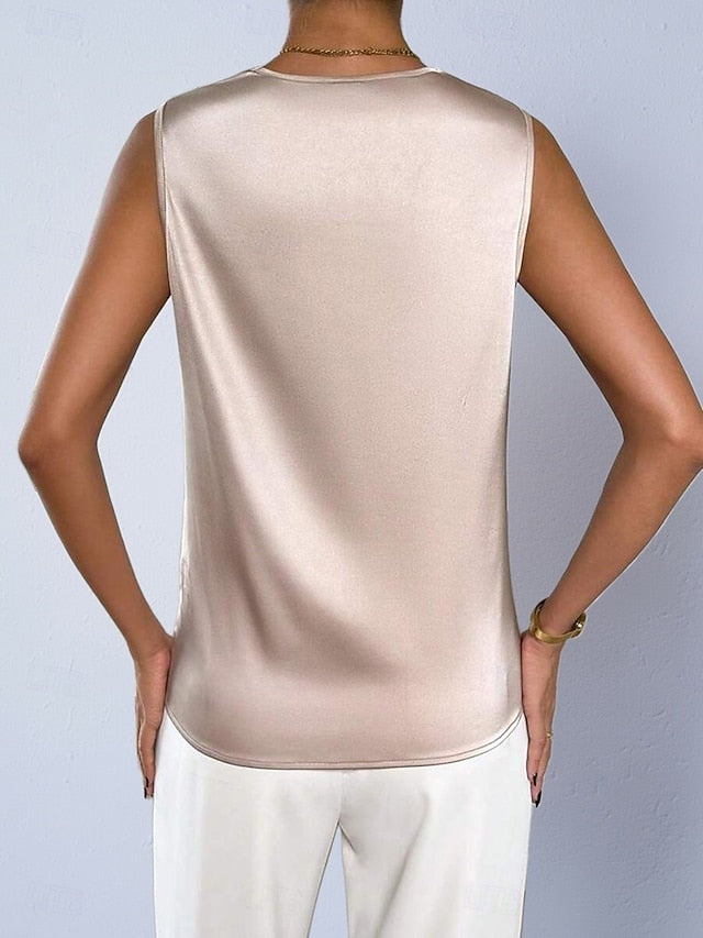 Women's Satin Shirt Blouse Cowl Neck Top Sleeveless Shirt
