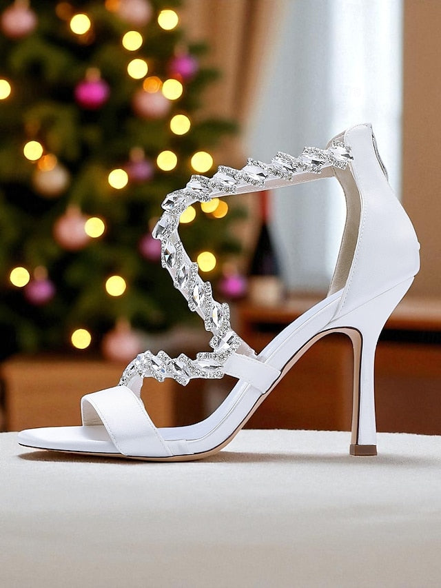 Strappy Sandals Heel Women's White Rhinestone - High