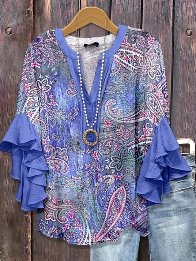 Easter Women's Blouse V Neck Floral Graphic Elegant Bohemia