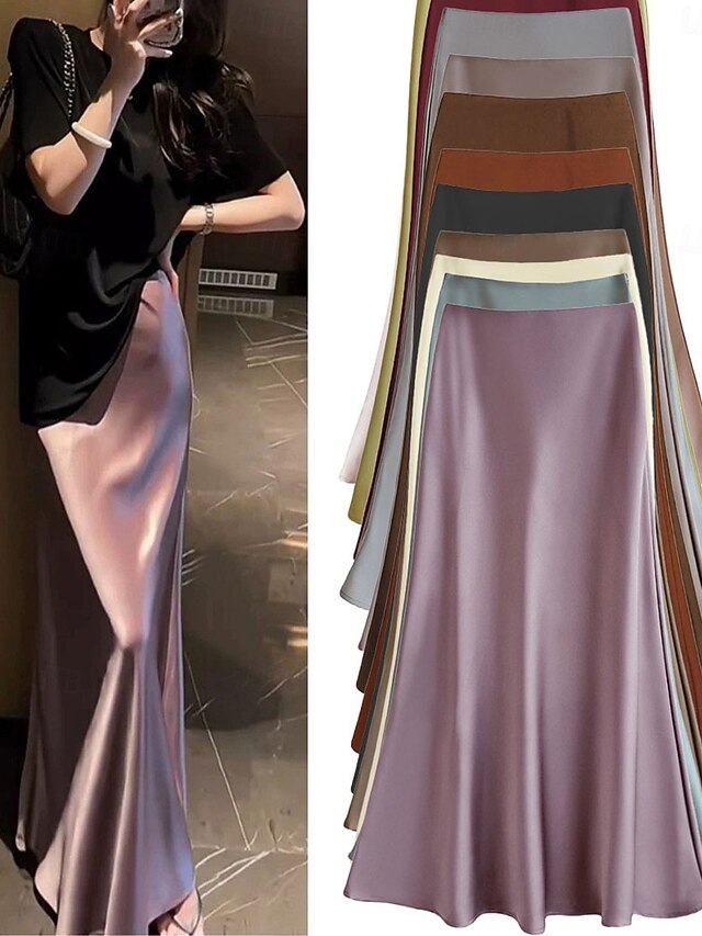 Women's Satin Skirts Elegant Vintage Fashion Casual Maxi
