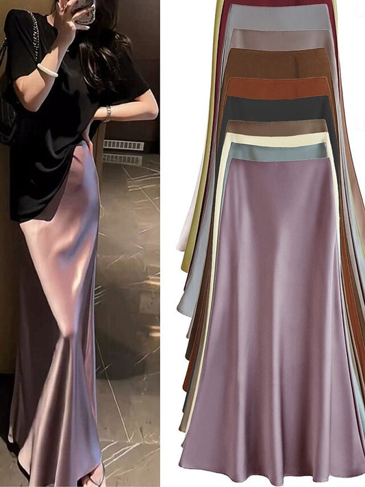 Women's Satin Skirts Elegant Vintage Fashion Casual Maxi