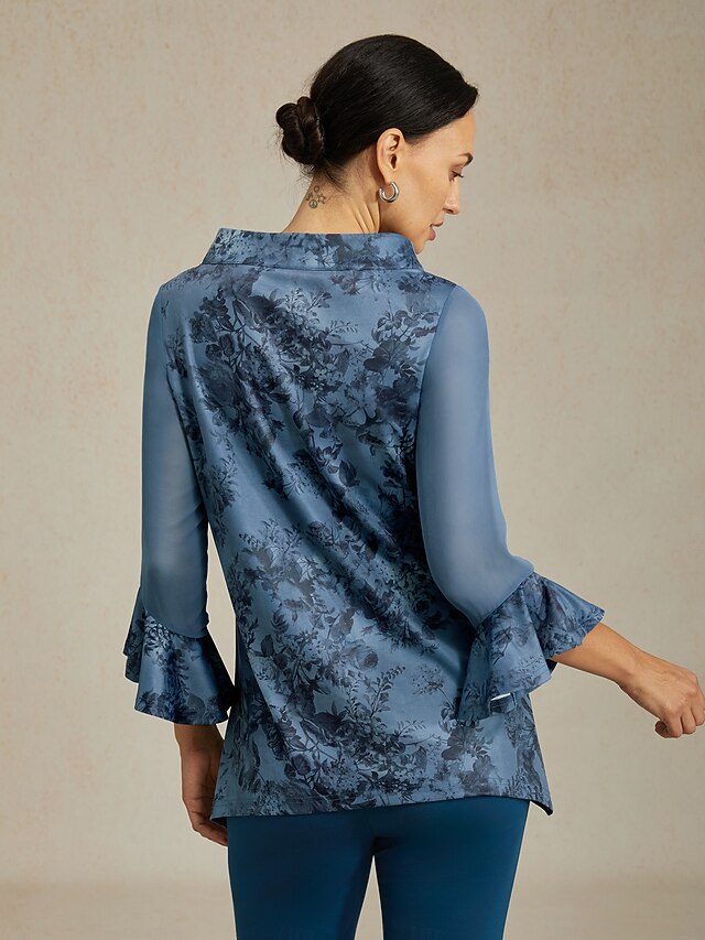 Women's Blouse Gray Blue Floral Stand Collar Sheer Panel