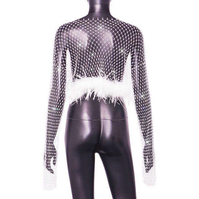 Metallic Sparkle Sexy Shirt Sheer Mesh Rhinestone Cover Up Disco