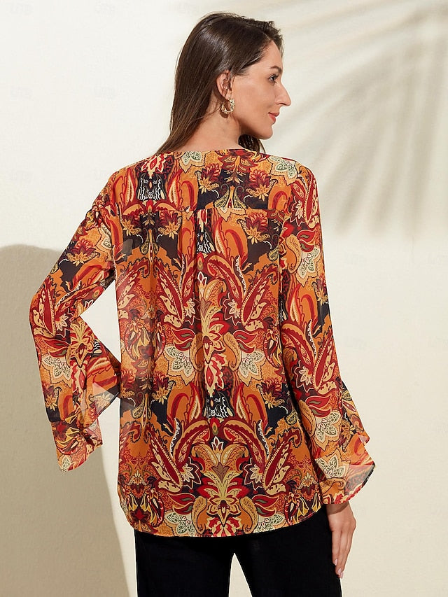 Women's Paisley Print Chiffon Peasant Top Lantern Sleeve