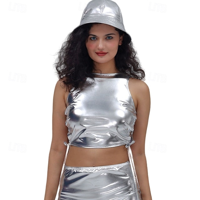 Metallic 1980s Shiny Latex Patent Crop Top Halter PU Leather