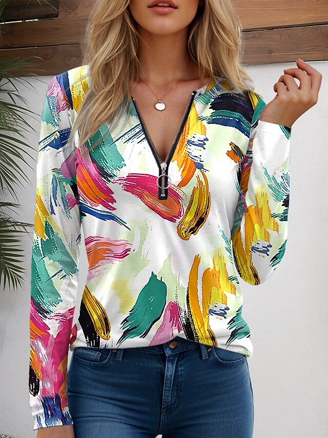 Women's T Shirt Quarter Zip Long Sleeve Casual Graphic