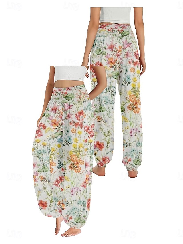 Women's Faux Cotton Linen Wide Leg Pants Trousers Ethnic