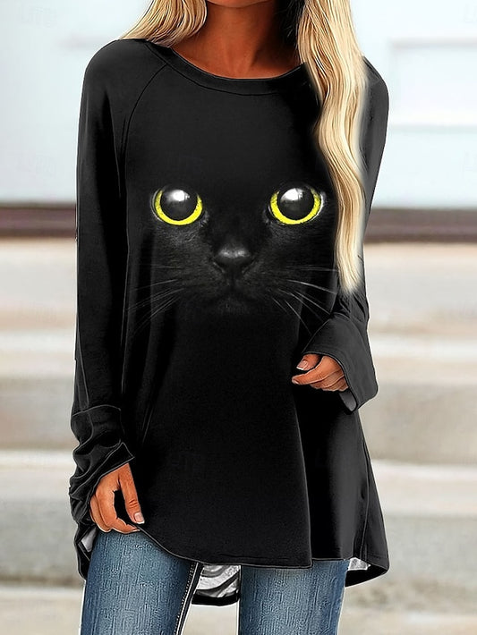 Women's T shirt Long Sleeve Graphic Animal Cat Vintage