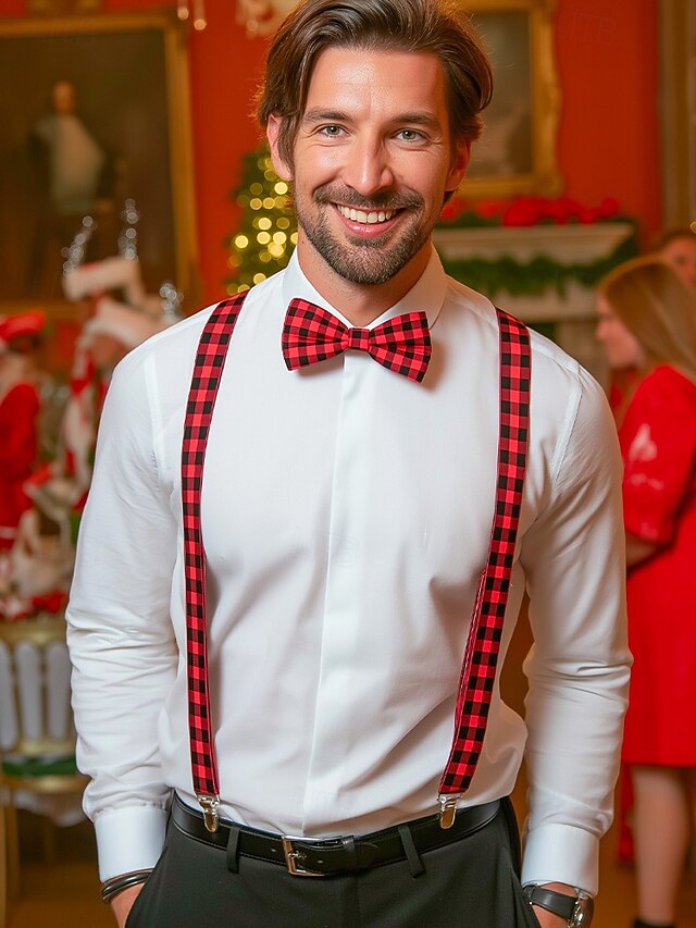 Set Tie Adjustable Bow Christmas Suspender Plaid Men's and