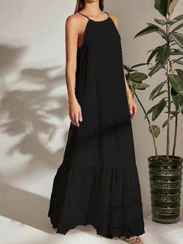 Women's Black White Summer Spring Maxi Dress Cotton Blend