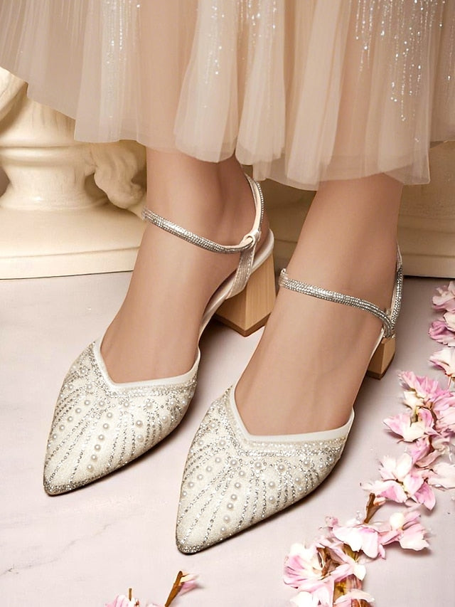 and Block Toe Pointed Women's Pearl Heels with Ivory