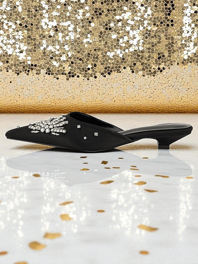Satin Toe Rhinestone Women's Pointed Black Mules with