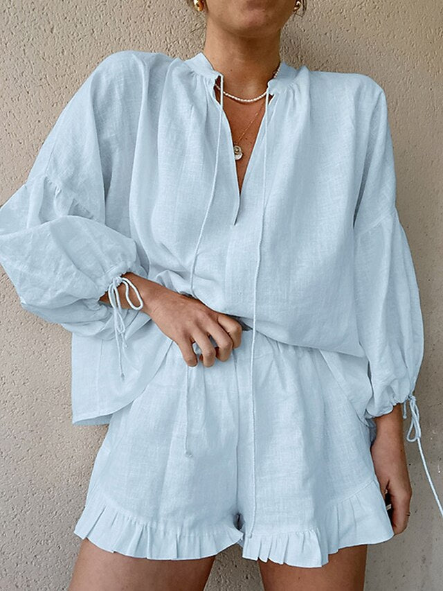 Women's Cotton Linen Sets Bolero Top Long Sleeve Lantern