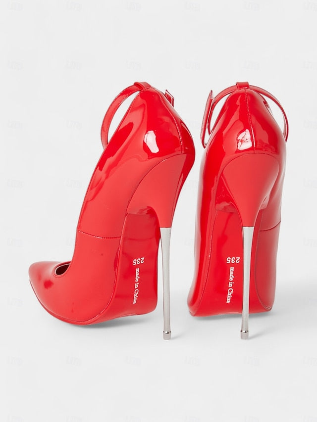 Women's Stiletto Heels Red with Leather Patent Strap Ankle