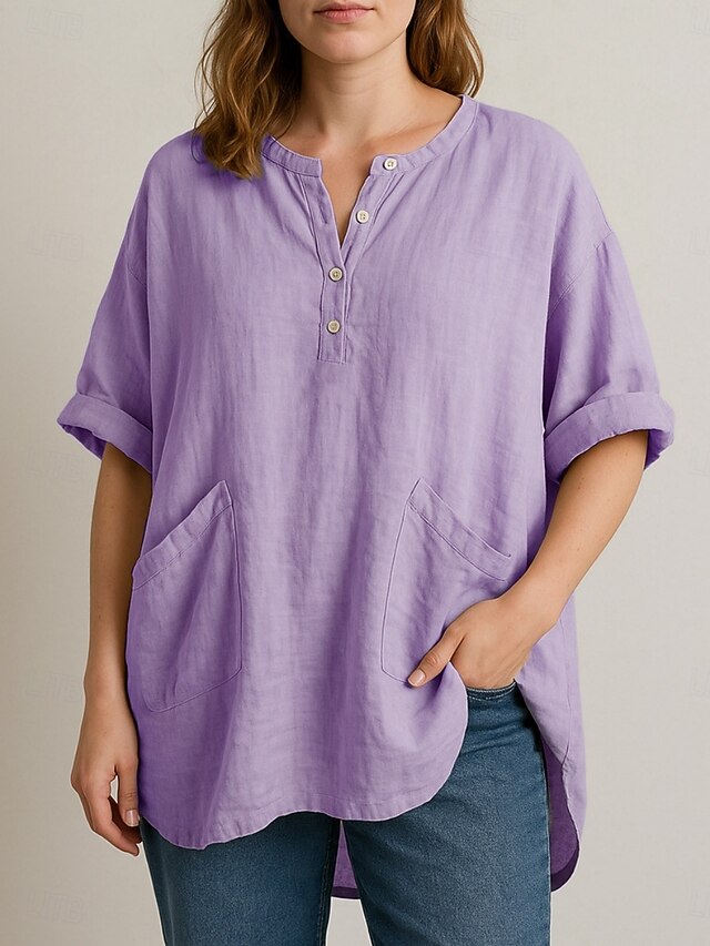 Women's Cotton Linen Shirts Pocket Buttons Print Plain