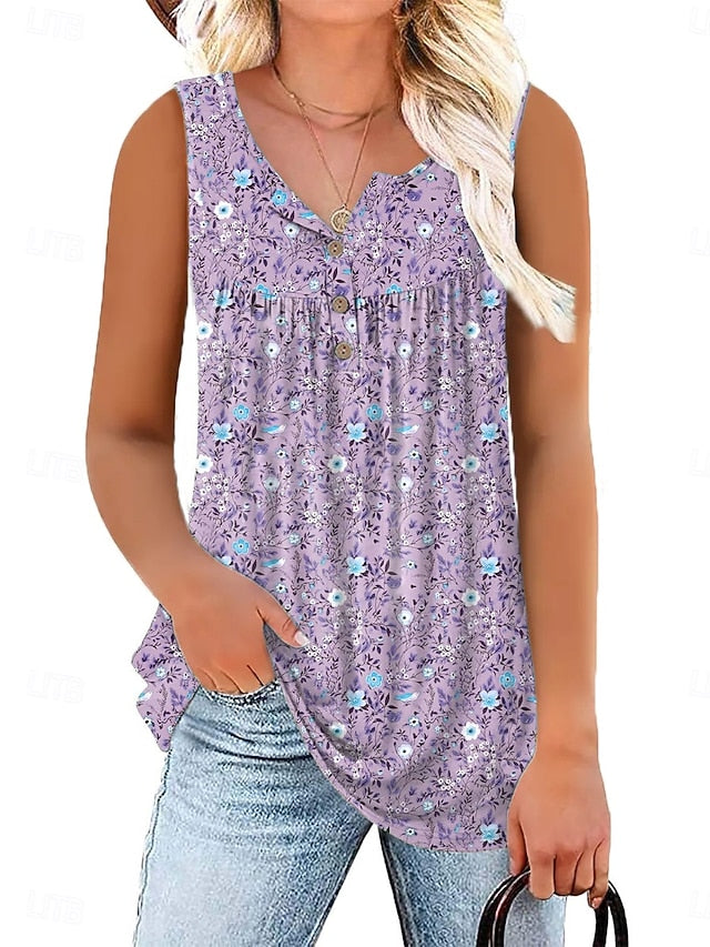 Women's Blouse Buttons Print Floral Casual Sleeveless V