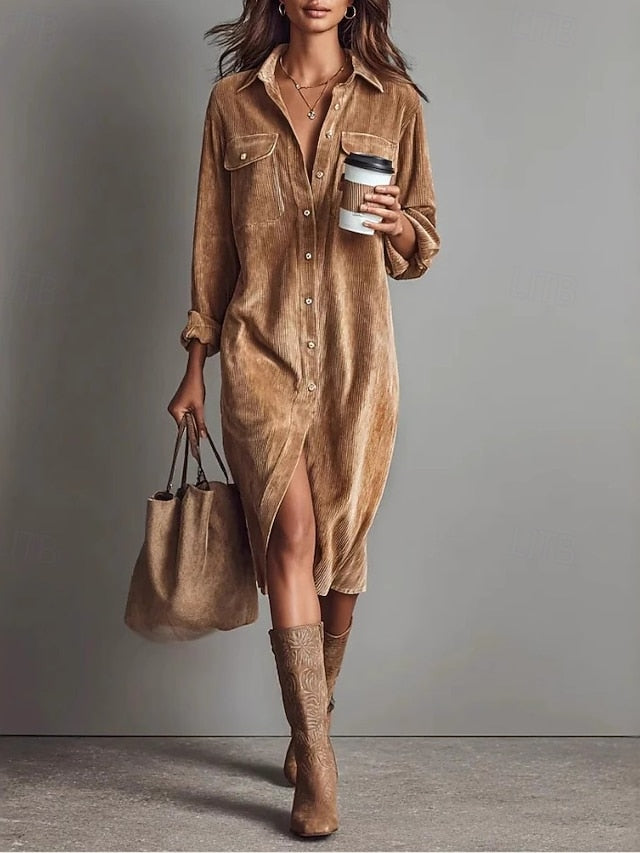 Women's Corduroy Midi Dress Shift Dress Casual Boho Office