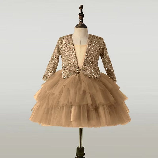 Party Girls' Dress Long Kids Performance Sequin Sleeve