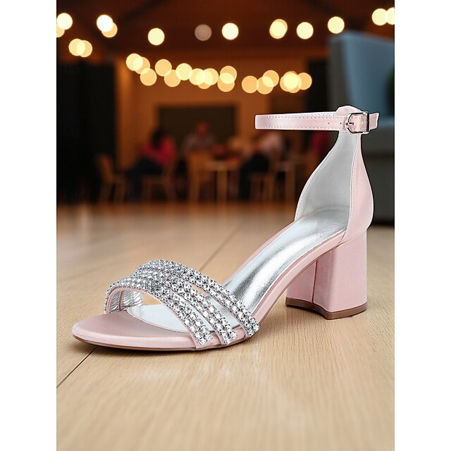Sandals Purple Heel Women's Block Satin with Rhinestone