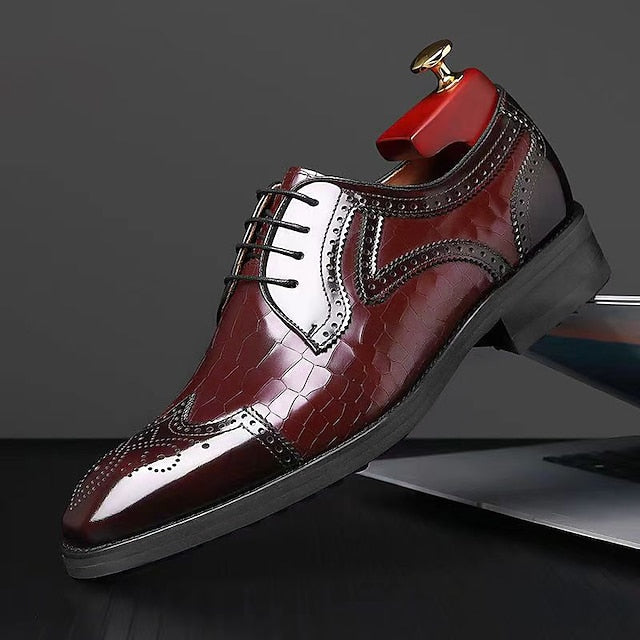 Men's Patent Shoes Burgundy Leather Brogue with Oxford