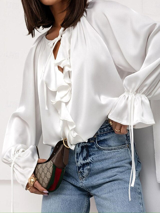 Women's Shirt Blouse Ruffle Patchwork Plain Elegant