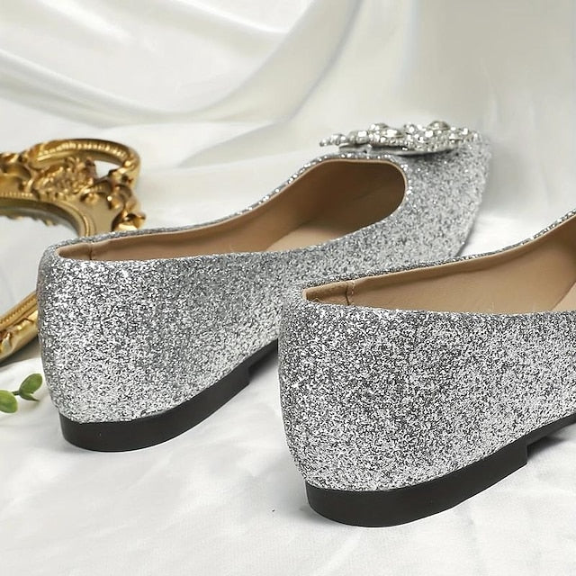 Flats Women's Glitter Rhinestone Embellished Silver with