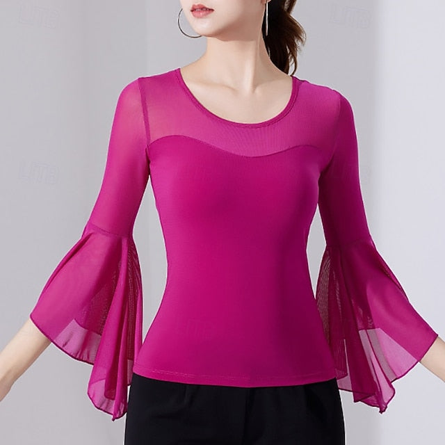 Latin Dance Top Printing Pure Color Splicing Women's