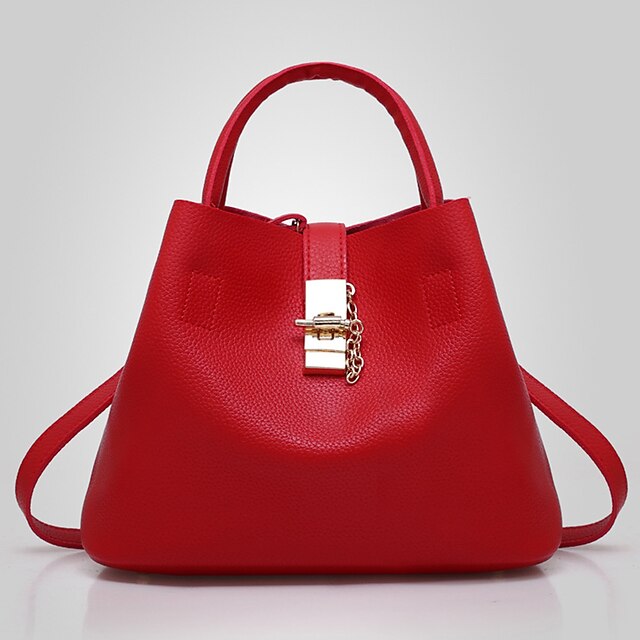 Gold Lock with and Faux Women's Chain Leather Handbag Red