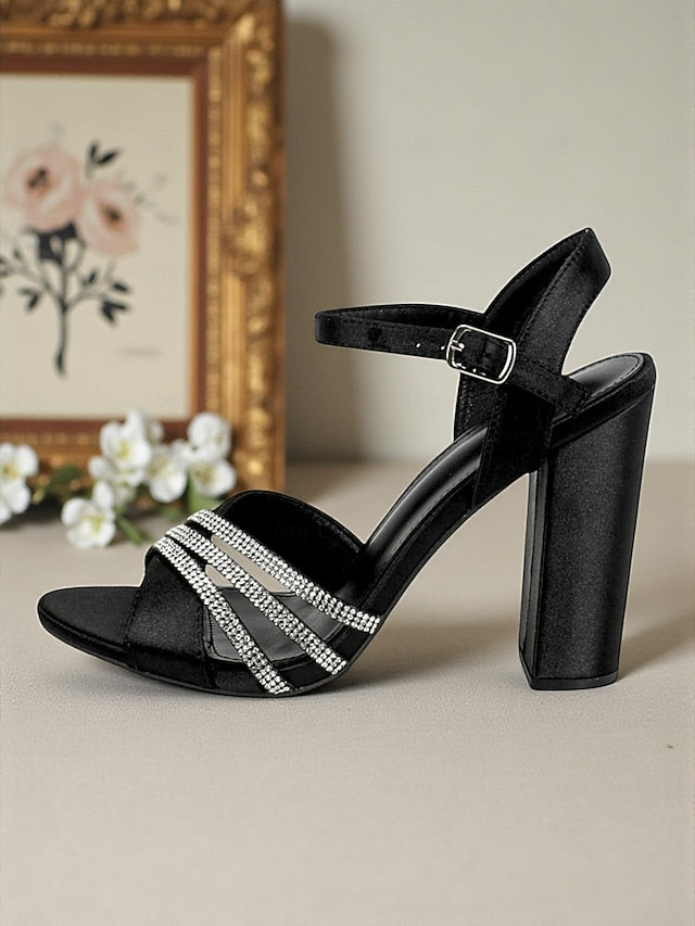 Black Strap Women's Sandals Open Block Ankle Toe Heel -