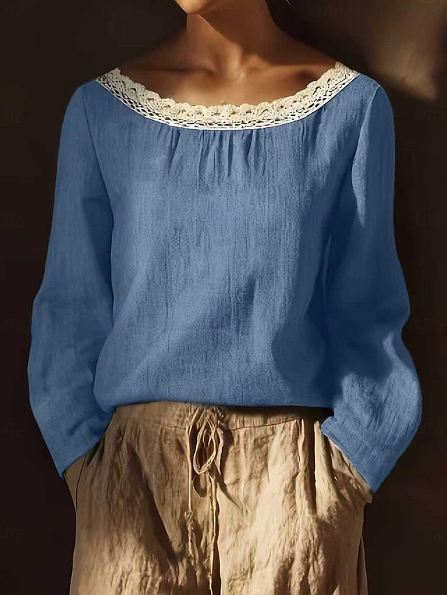 Women's Lace Splicing Top Linen T-Shirt Pleats Solid Color