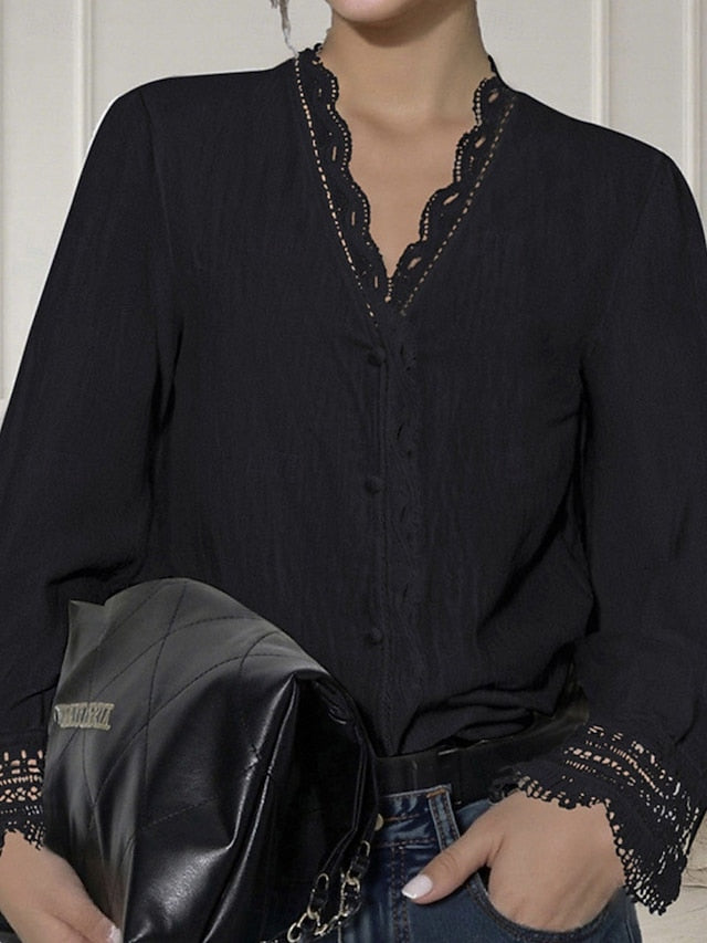 Women's Blouse Lace Tops Ruched Patchwork Buttons Solid