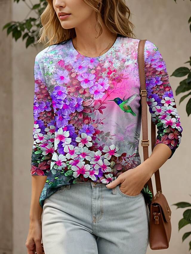 Women's T shirt Crew Neck Long Sleeve Tunic Floral Graphic