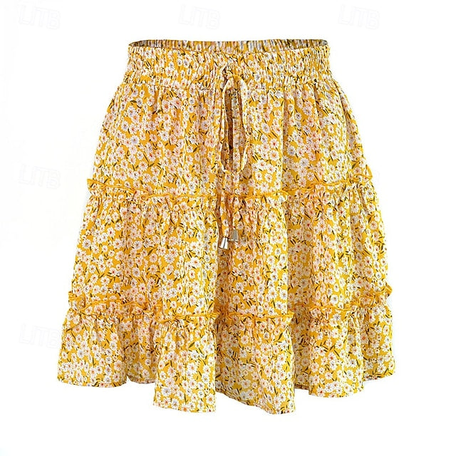 Women's Fashion Casual Mini Mid Rise Skirts Floral Ruched