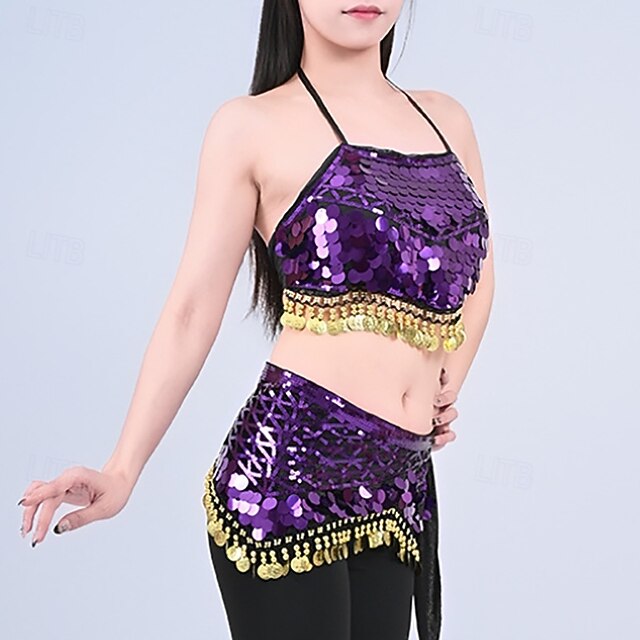 Belly Dance Top Gold Coin Pure Color Splicing Women's