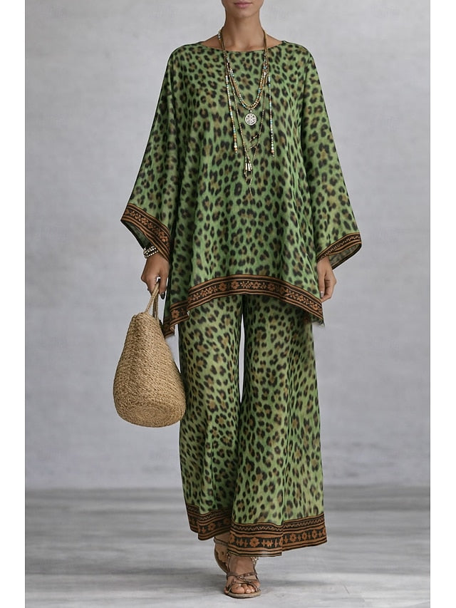Women's Pants Sets Long Sleeve Round Neck Graphic Leopard