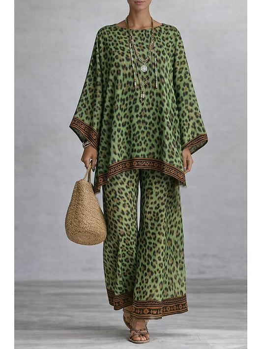 Women's Pants Sets Long Sleeve Round Neck Graphic Leopard