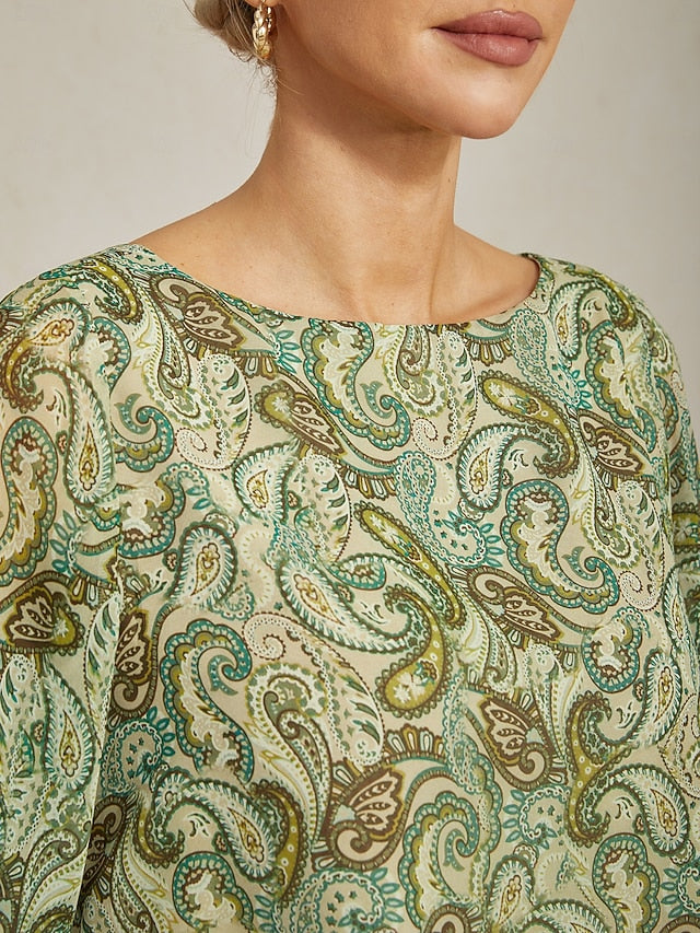 Women's Blouse Green Paisley Floral Layered 3/4 Sleeve