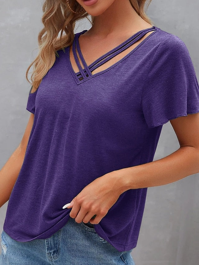 Women's T Shirt Tee Top Criss-Cross Hollow Out Plain