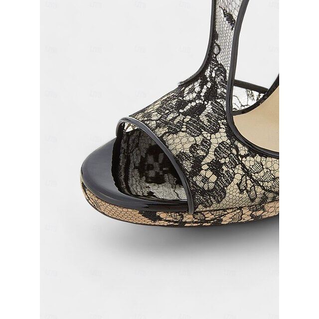 with Black Peep-Toe for Mesh Heels Stiletto Design Lace
