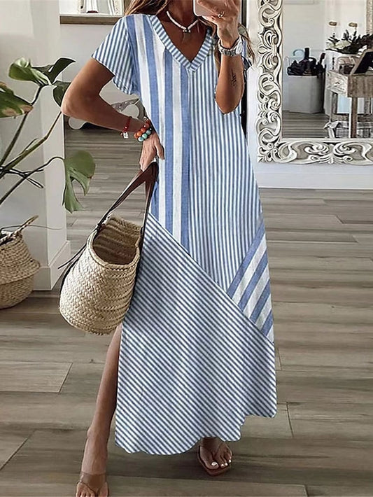 Women's Stripe V Neck Maxi Dress Short Sleeve Summer