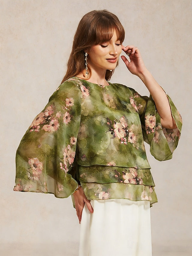 Women's Sheer Blouse Chiffon Tops Lace up Floral Elegant