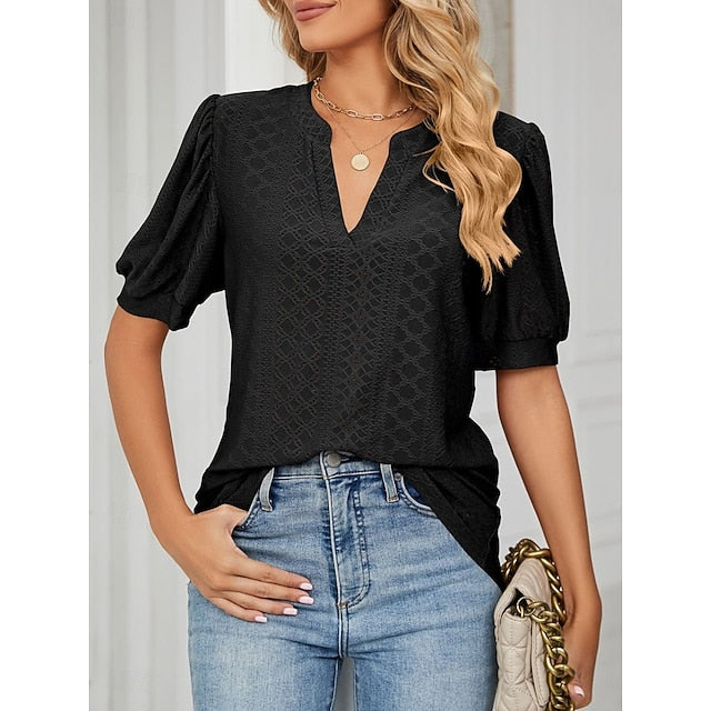 Women's T Shirt Eyelet Plain Fashion Modern Casual Short