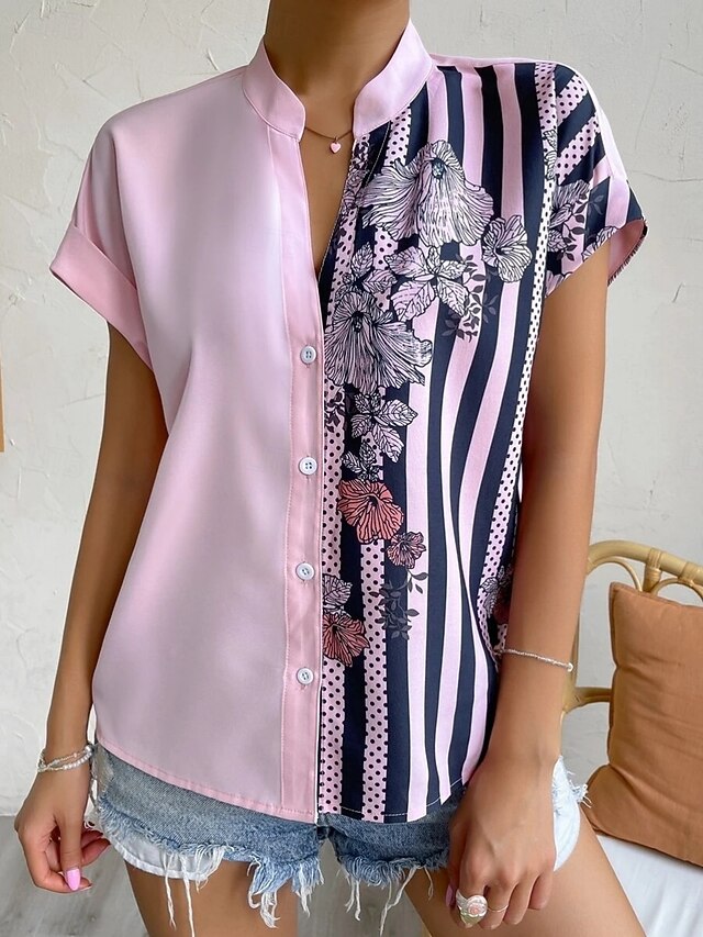 Women's Blouse Buttons Print Floral Striped Vintage Casual