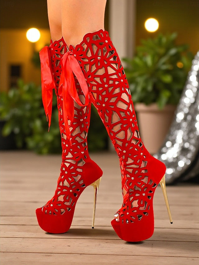 Knee Women's Boots Cutout High Stiletto Sexy Peep Platform
