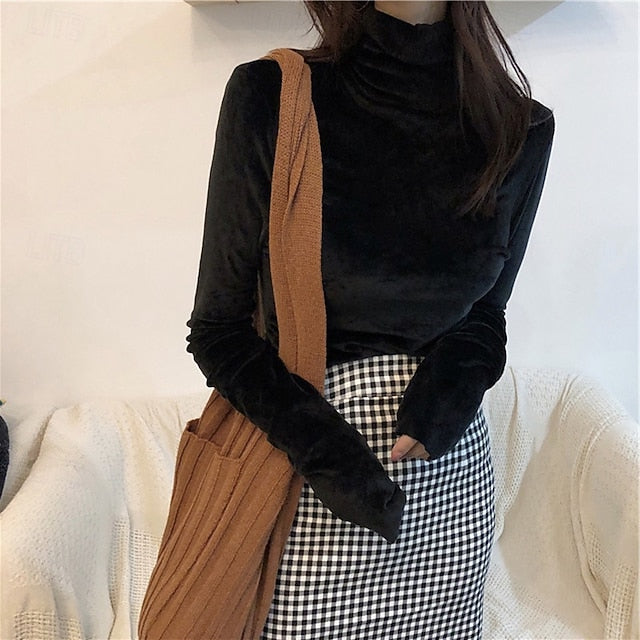 Women's Velvet Elegant Dressy Blouse Solid Color Plain