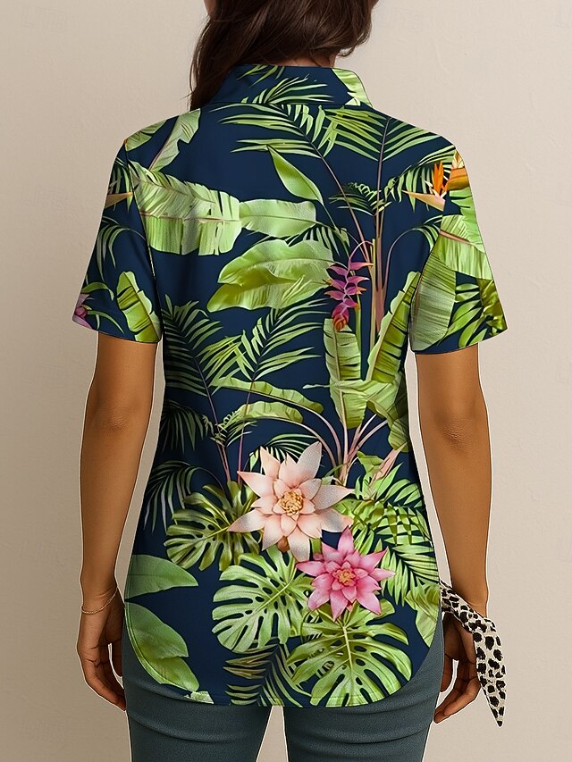 Women's Shirt Short Sleeve Button Down Blouse Graphic Leaf