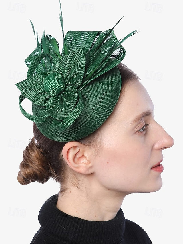 Women's Fascinator and Feather Bow Hat Green Accents with