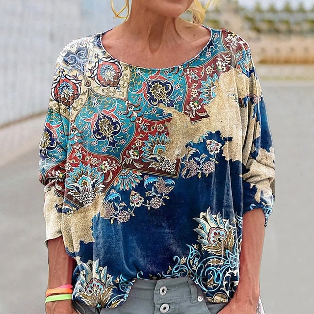 Women's Boho Shirt Blouse Patchwork Print Graphic Vintage