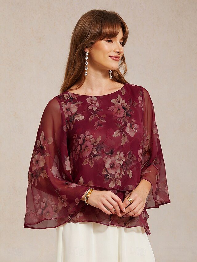 Women's Sheer Blouse Chiffon Tops Lace up Floral Elegant