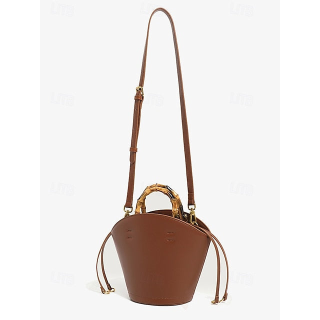 Brown Bamboo Leather Bucket Bag Handle with Women's